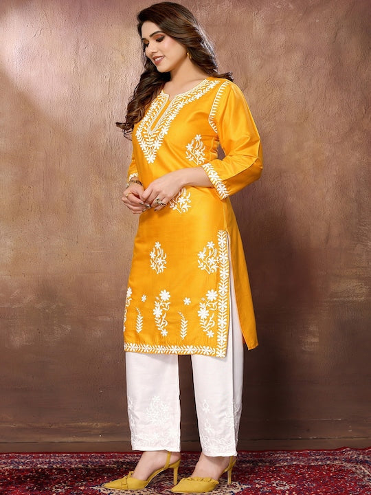 Fabmora Floral Embroidered Round Neck Three-Quarter Sleeves Chikankari Kurta with Palazzos