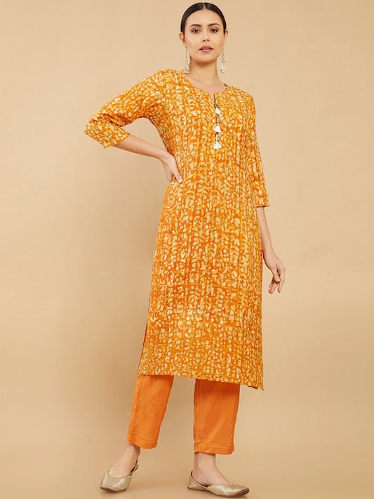 Soch Women Yellow Printed Kurta with Trousers