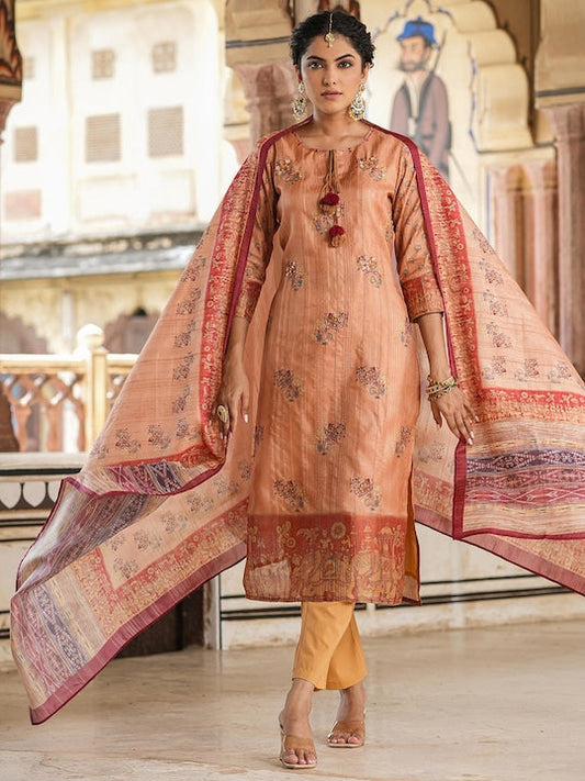 Scakhi Floral Printed Mirror Work Kurta With Trousers & Dupatta