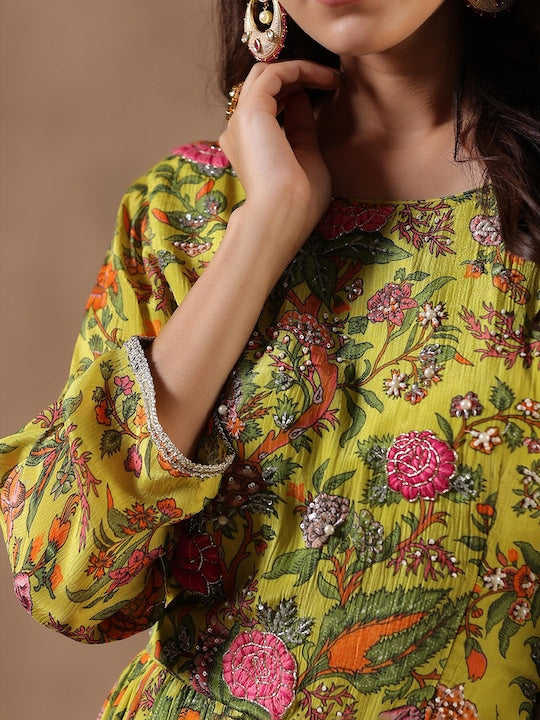 Scakhi Floral Printed Gathered Detail Chinon Silk Gown Maxi Length Ethnic Dress