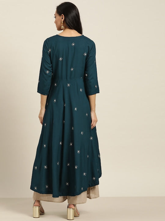 Sangria Women Navy Blue & White Mirror Work Anarkali Kurta