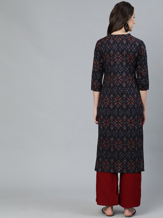 AKS Ethnic Motifs Printed V-Neck Cotton Straight Kurta