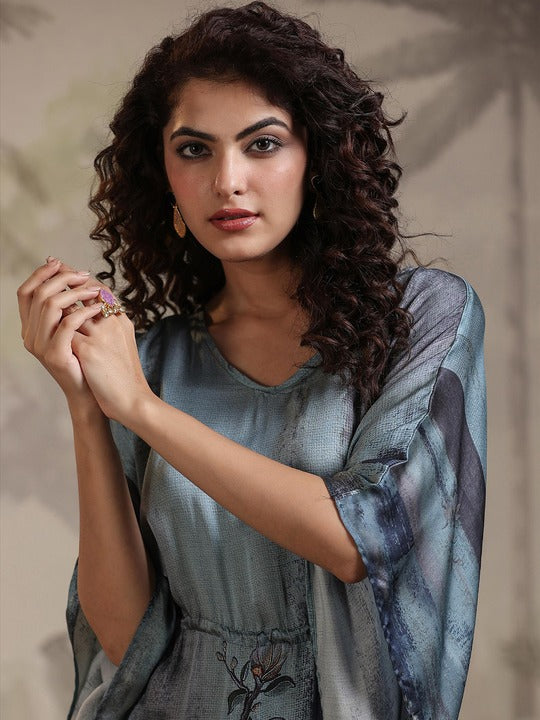 Scakhi Floral Printed V-Neck Three-Quarter Sleeves Satin Kaftan Top With Trouser