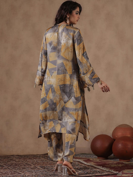 Scakhi Abstract Printed V-Neck Regular Satin Pakistani Kurta With Palazzos