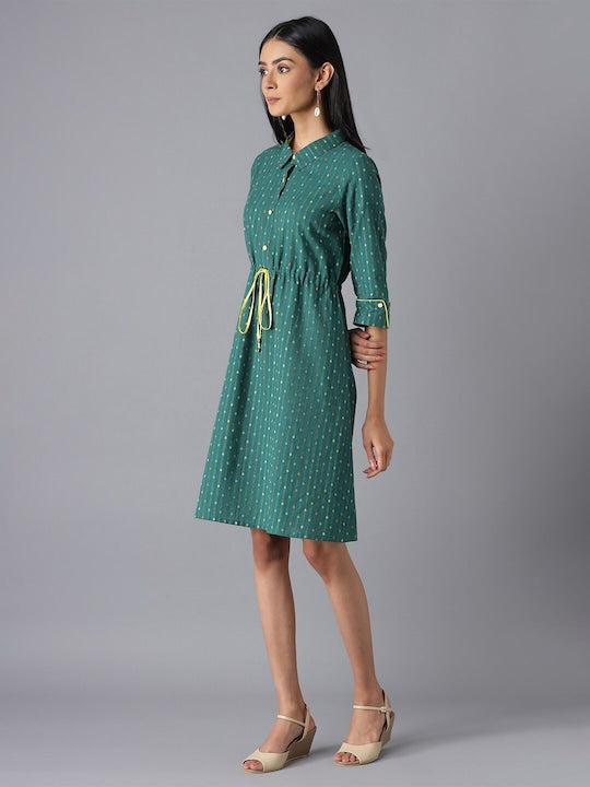 Aurelia Green Printed Pure Cotton A-Line Dress
