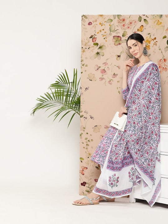 Yufta Women Floral Printed Pure Cotton Kurta with Trousers & With Dupatta
