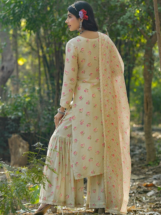 Scakhi Floral Printed Regular Sequinned Linen Kurta with Sharara & With Dupatta