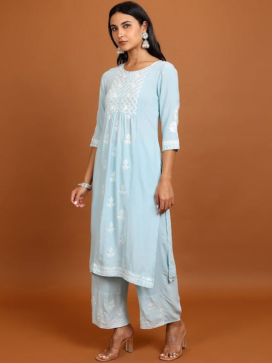 Vishudh Floral Embroidered Thread Work Straight Kurta With Palazzos