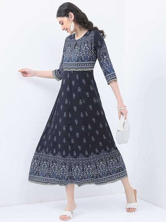 Vishudh Navy Blue Ethnic Motifs A-Line Midi Dress