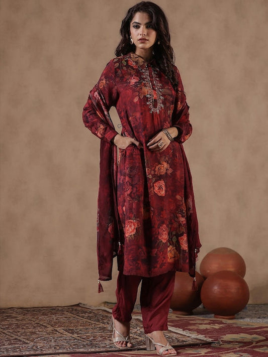 Scakhi Floral Printed Kurta With Trousers & Dupatta