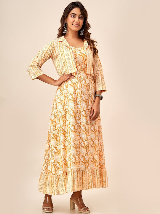 Here&now Paisley Printed Cotton A-Line Kurta With Jacket