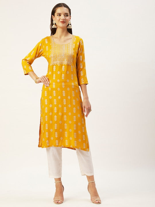Anubhutee Women Mustard Yellow & Gold Toned Printed & Embroidered Kurta