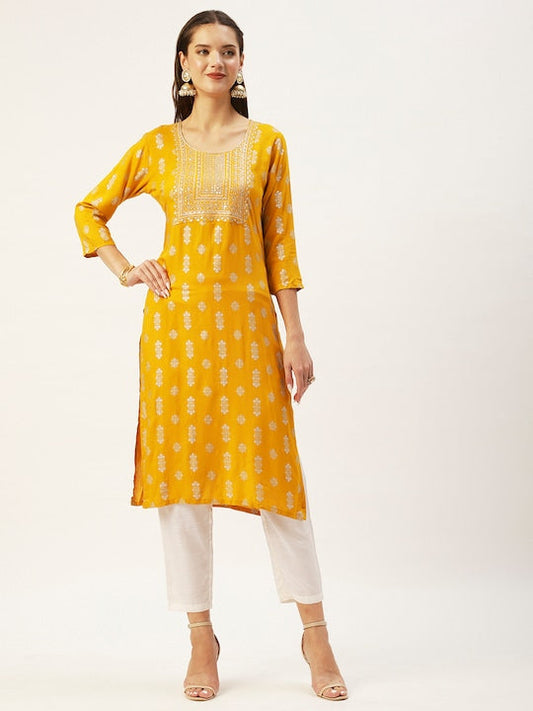Anubhutee Women Mustard Yellow & Gold Toned Printed & Embroidered Kurta