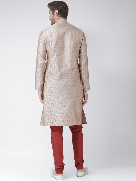 Deyann Men Cream-Coloured & Red Self Design Kurta with Churidar