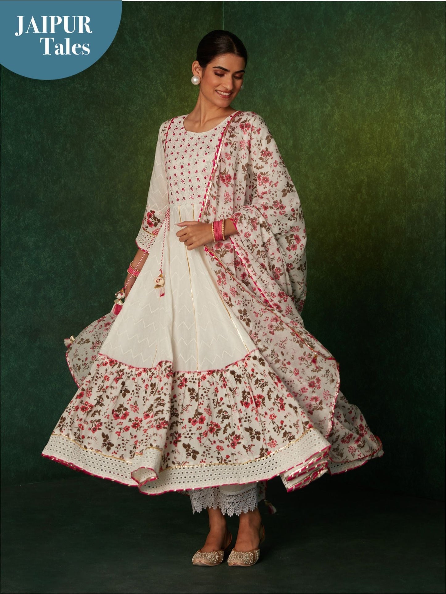 Likha White Schiffli Mirror Work Anarkali Set & Dupatta LIKSKD166 (Set of 3)
