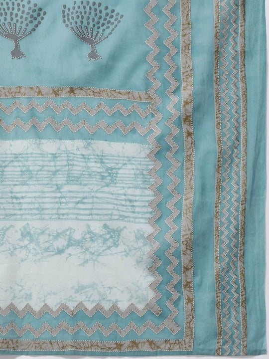 Yufta Women Blue & Off-White Printed Kurta with Palazzos & Dupatta