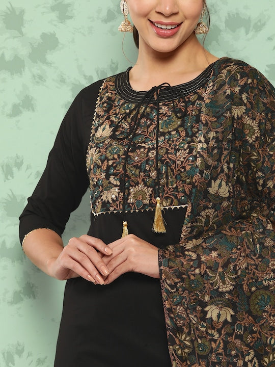 Yufta Floral Yoke Design Gotta Patti Pure Cotton Kurta With Trousers & With Dupatta