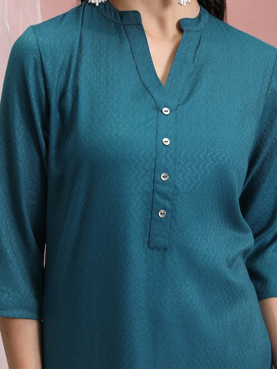 Vishudh Chevron Woven Design Mandarin Collar Straight Kurta