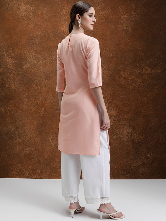 Vishudh Peach-Coloured Floral Yoke Design Embroidered Straight Kurta