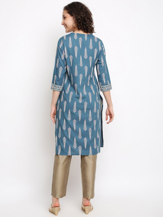IMARA Ethnic Motifs Printed V-Neck Thread Work Kurta
