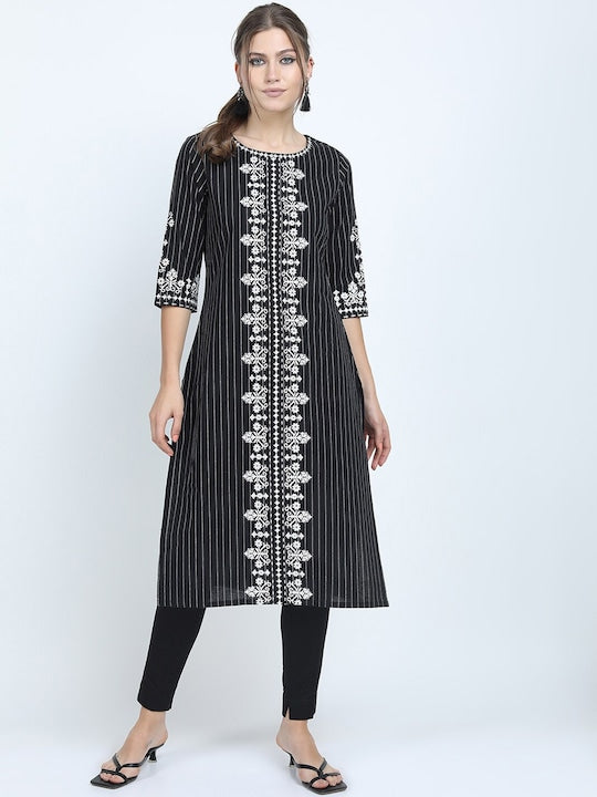 Vishudh Women Black & White Printed Cotton A-line Kurta