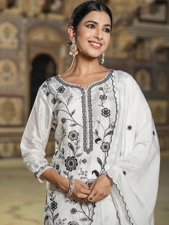 Scakhi Floral Embroidered Dobby Weave Chikankari Kurta & Trousers With Dupatta