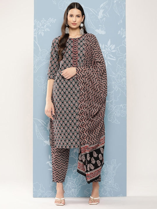 Yufta Women Printed Pure Cotton Kurta with Trousers & Dupatta