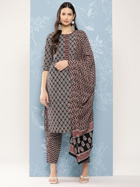 Yufta Women Printed Pure Cotton Kurta with Trousers & Dupatta