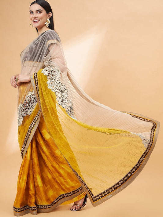 All about you Mustard & Beige Ethnic Motifs Embroidered Pure Georgette Saree