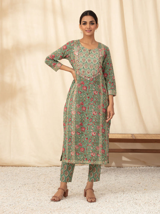 Likha Green Jaipuri Printed Kurta Pant Dupatta LIKSKD66 (Set of 3) - M