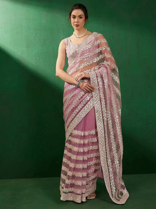 Sangria Pink Embellished Net Saree