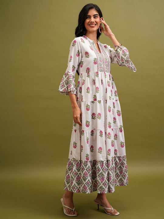 Vishudh White Floral Printed Mandarin Collar Bell Sleeves Tiered Maxi Dress