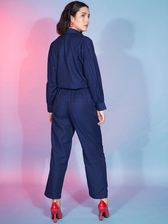 Mitera Navy Blue Ethnic Motifs Woven Design Elasticated Crop Top With Trousers