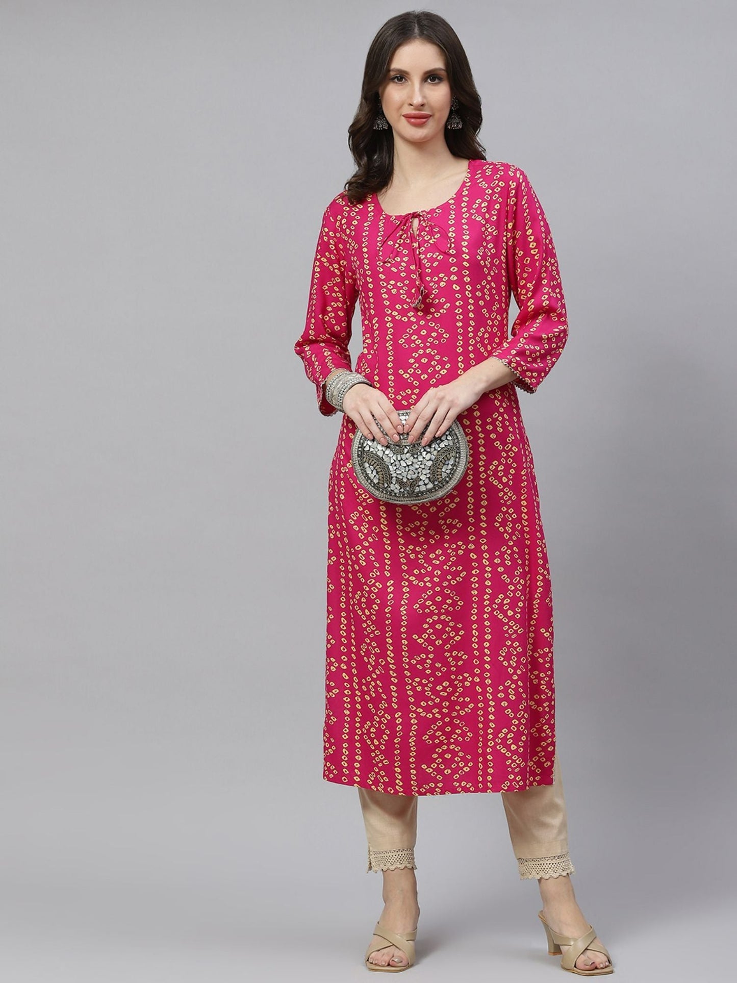 PIROH Womens Rayon Bandhani Print Straight Kurta - Rani Pink