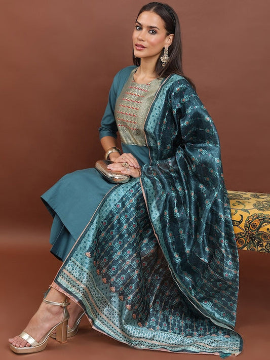 Vishudh Woven Design Straight Kurta & Trousers With Dupatta