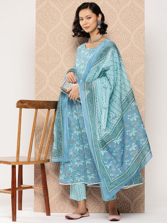 Yufta Floral Printed Regular Pure Cotton Kurta with Trousers & With Dupatta