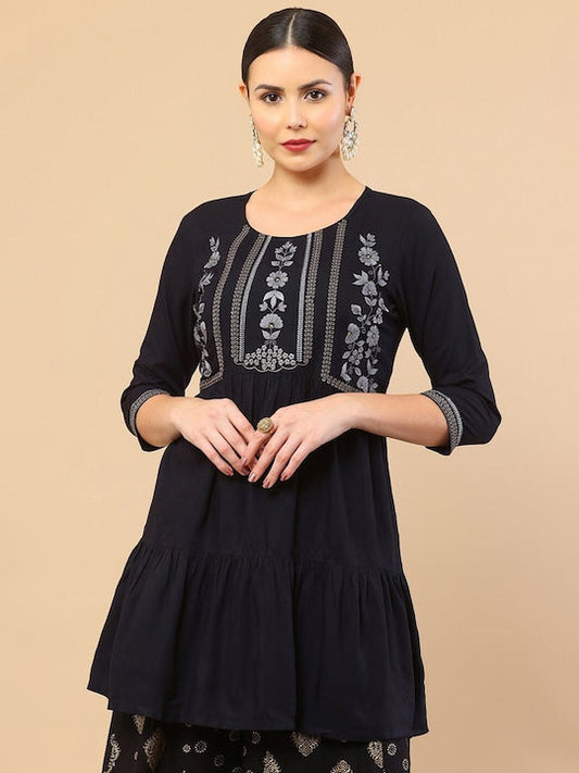 Soch Women Navy Blue & White Viscose Rayon Embroidered Tunic - S