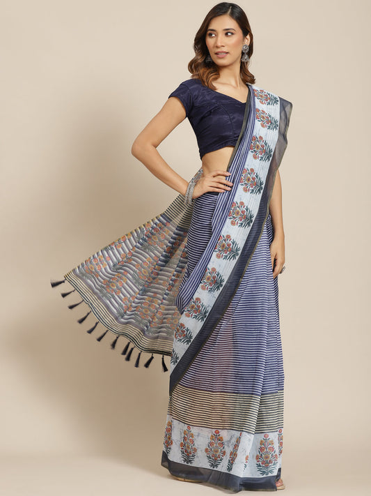 Silk Land Blue Striped Cotton Saree