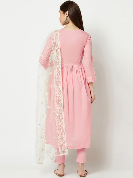 IMARA Ethnic Motifs Embroidered Chikankari Pure Cotton Kurta with Trousers & With Dupatta
