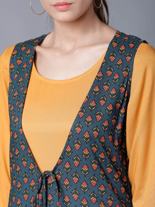 Vishudh Women Mustard Yellow & Teal Blue Printed Layered A-Line Kurta