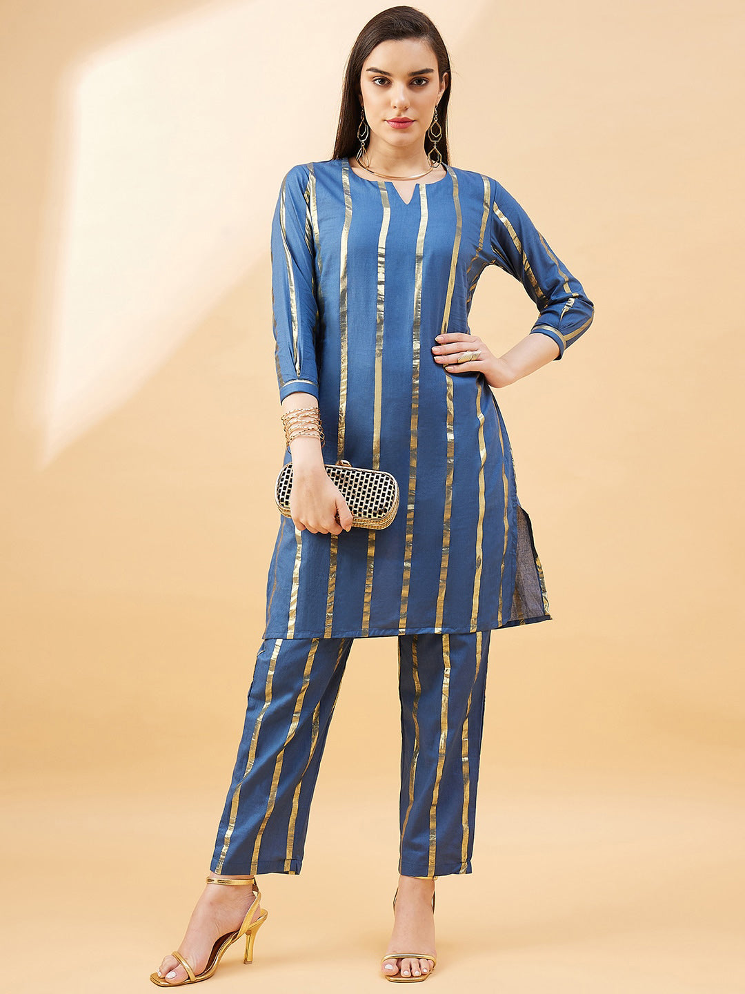All about you Women Striped Regular Kurta with Trousers