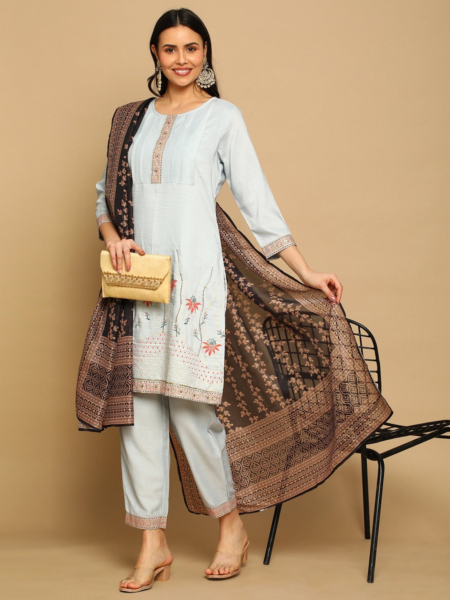 Heeposh Women Straight Foil Printed Kurta with Dupatta and Intricate Handwork Brown(Set of 3)