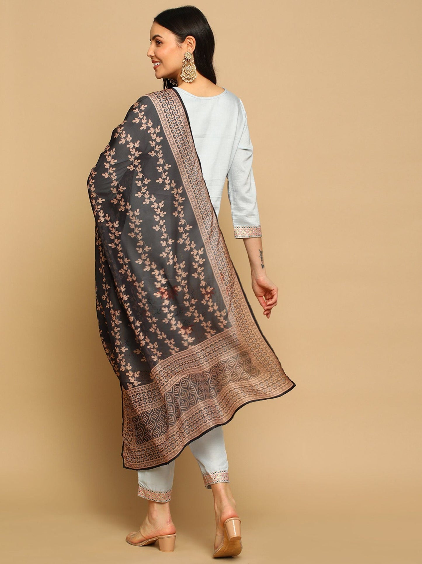 Heeposh Women Straight Foil Printed Kurta with Dupatta and Intricate Handwork Brown(Set of 3)