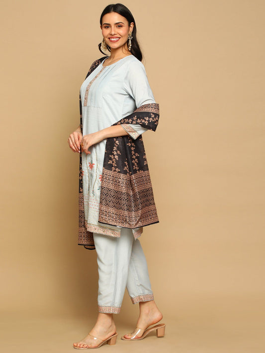 Heeposh Women Straight Foil Printed Kurta with Dupatta and Intricate Handwork Brown(Set of 3)