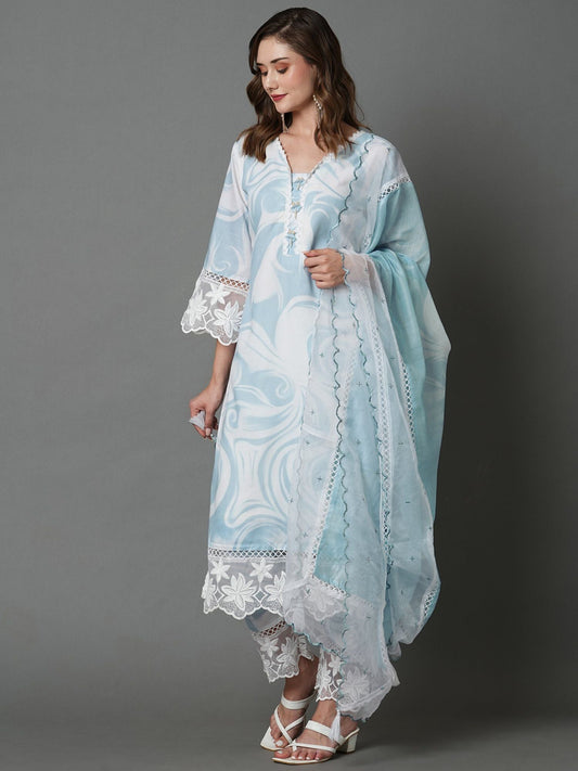 Heeposh Beautiful Marbel Print Kurta with Detailing & Printed Chanderi Dupatta (Set of 3)