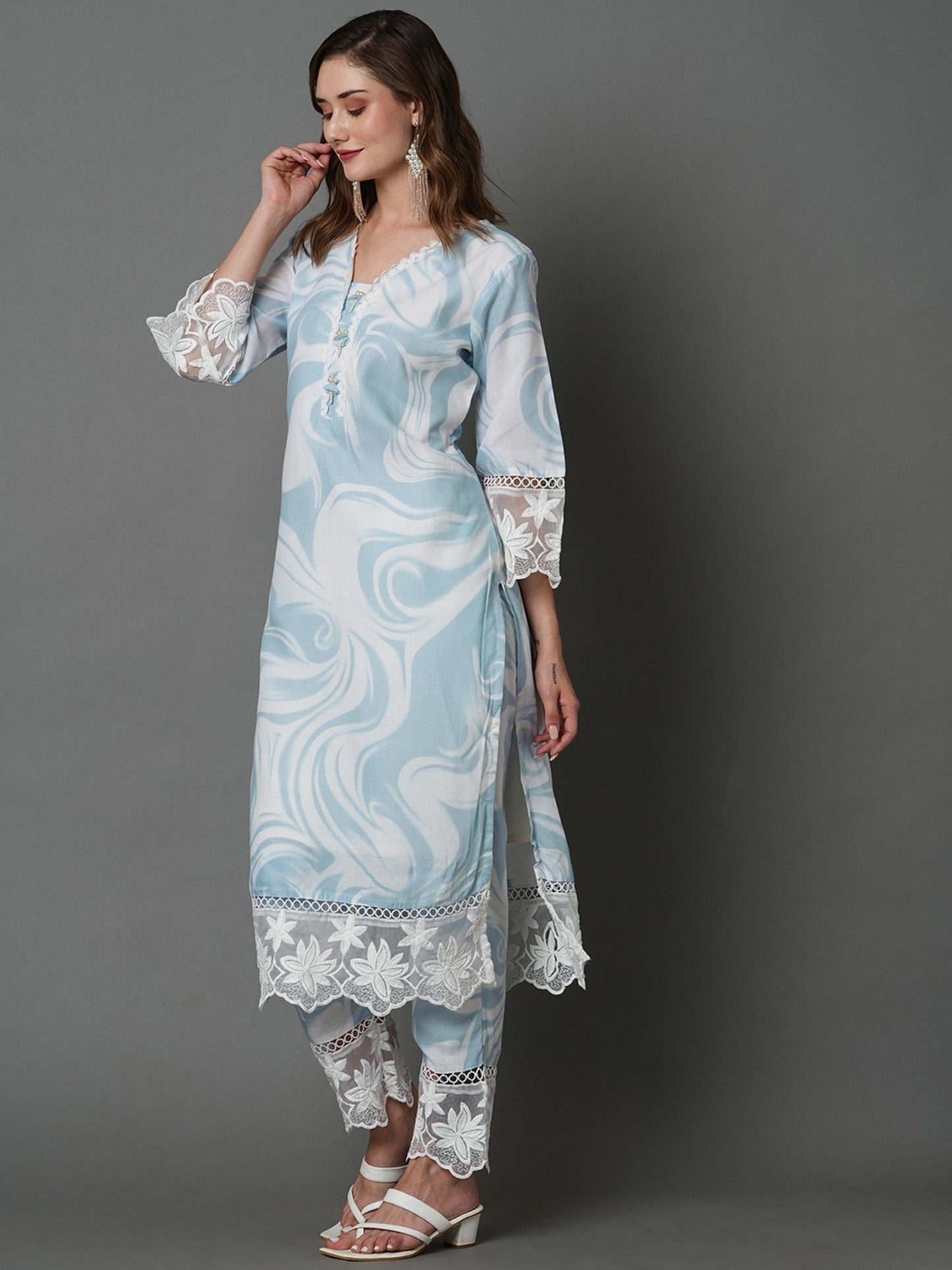 Heeposh Beautiful Marbel Print Kurta with Detailing & Printed Chanderi Dupatta (Set of 3)
