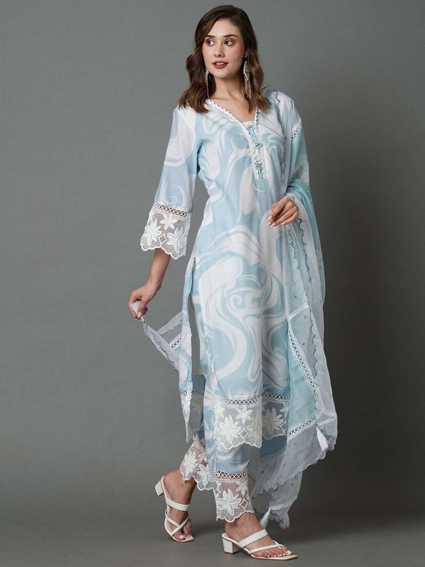 Heeposh Beautiful Marbel Print Kurta with Detailing & Printed Chanderi Dupatta (Set of 3)