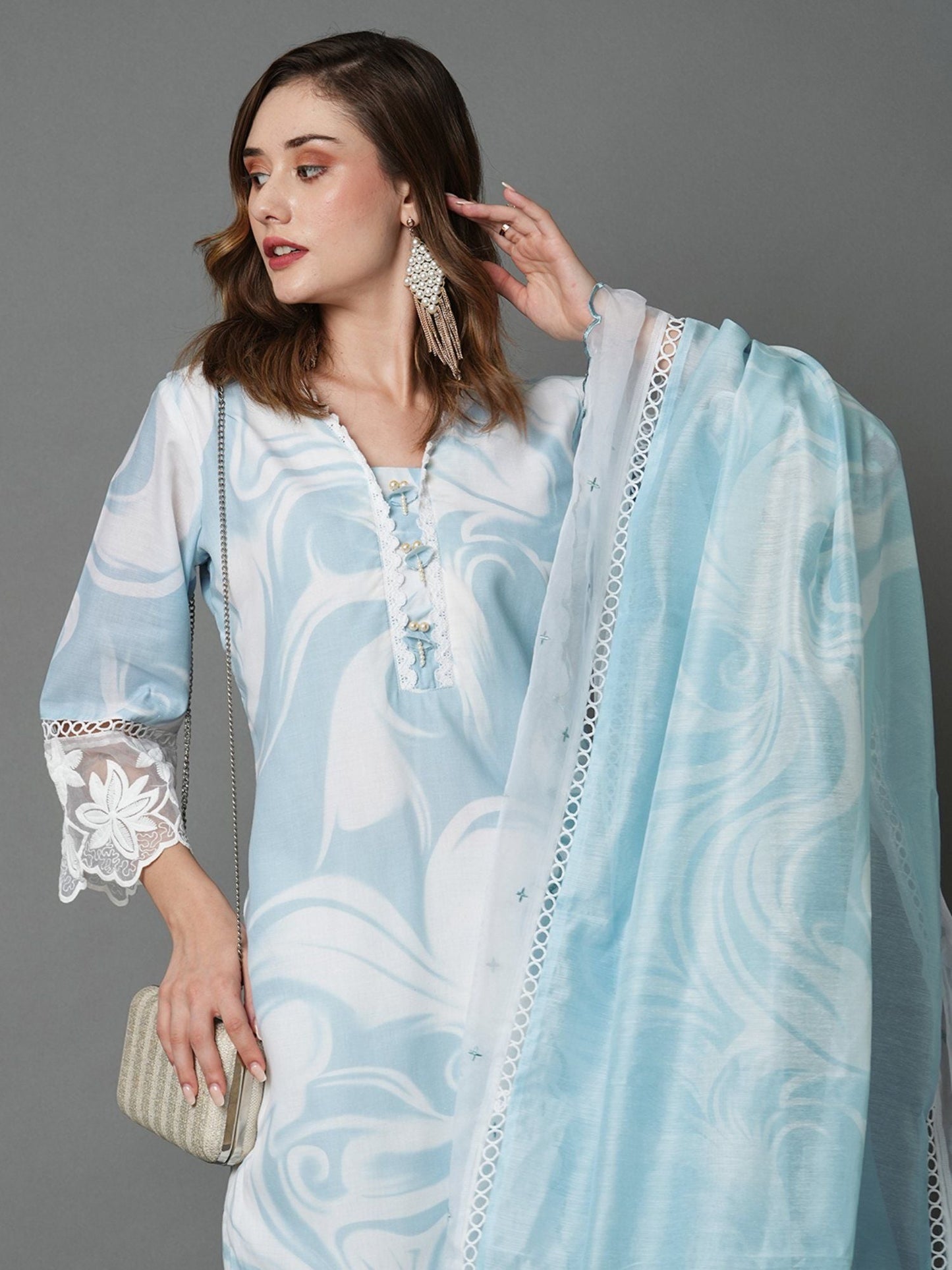 Heeposh Beautiful Marbel Print Kurta with Detailing & Printed Chanderi Dupatta (Set of 3)
