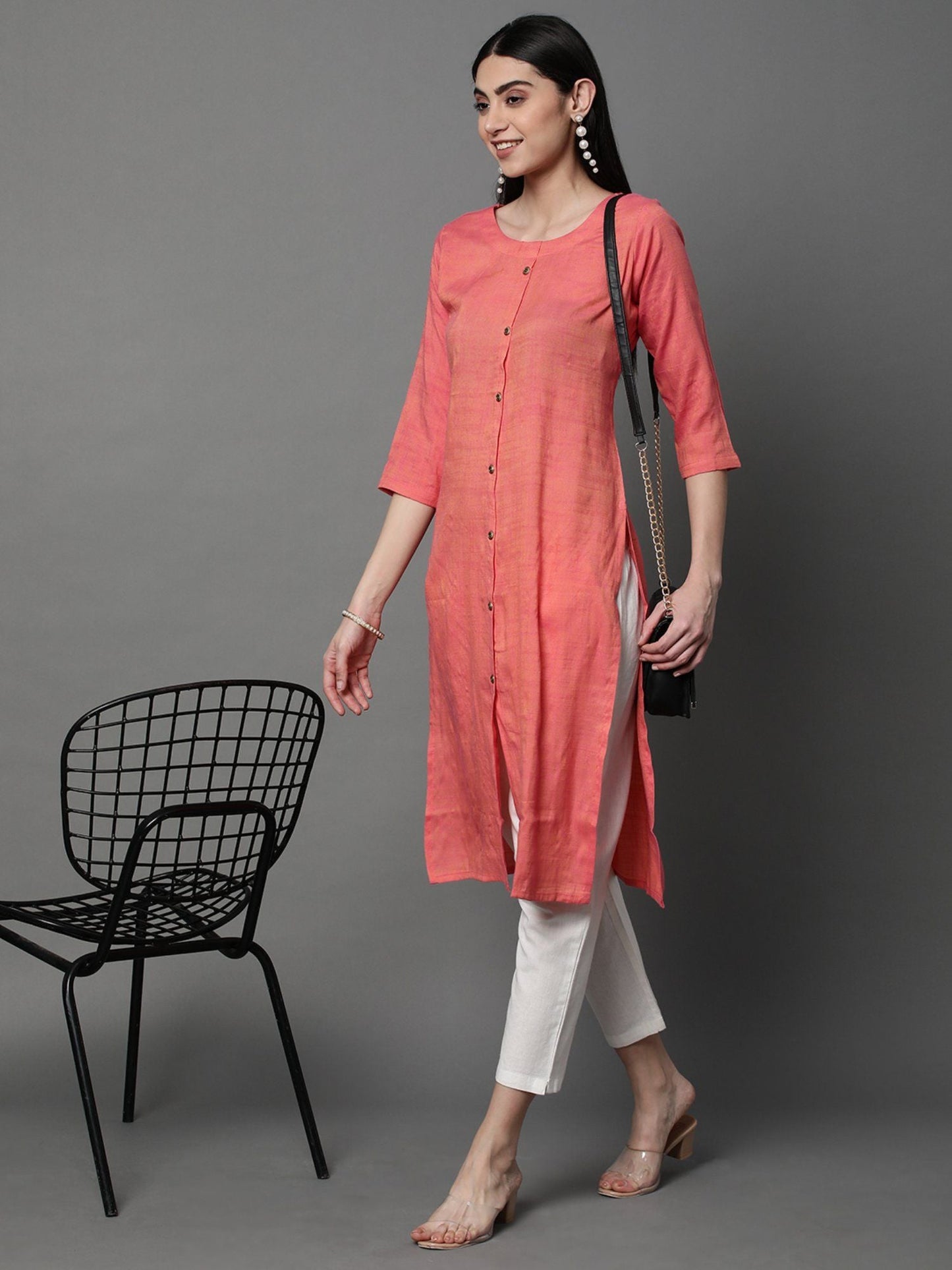 Heeposh Women Solid Straight Kurta with Button Detailing Orange