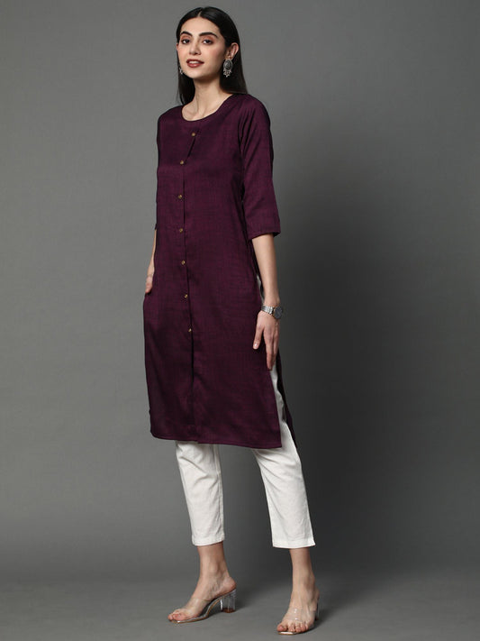 Heeposh Women Solid Straight Kurta with Button Detailing Purple